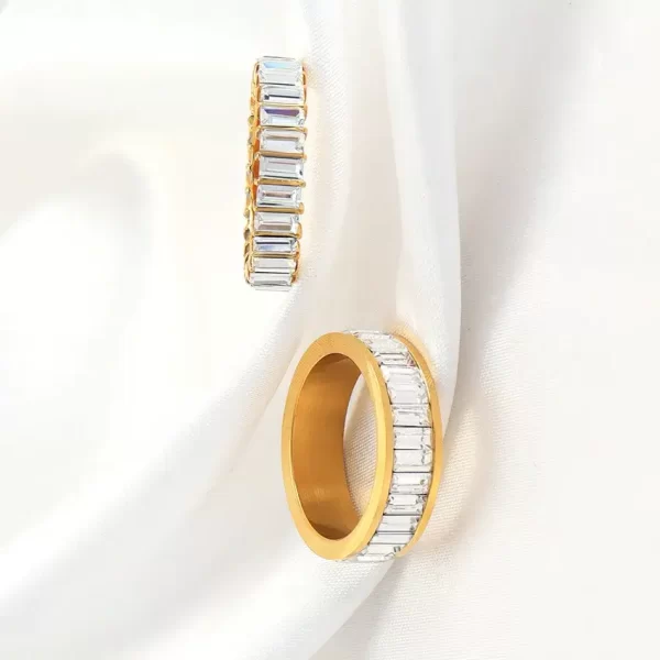 Ring sample in two different views, Clear Cubic Zircon Baguette, gold color