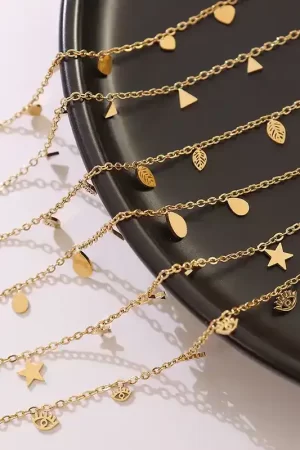 Showing necklace, gold color, different shapes