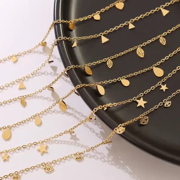 Showing necklace, gold color, different shapes