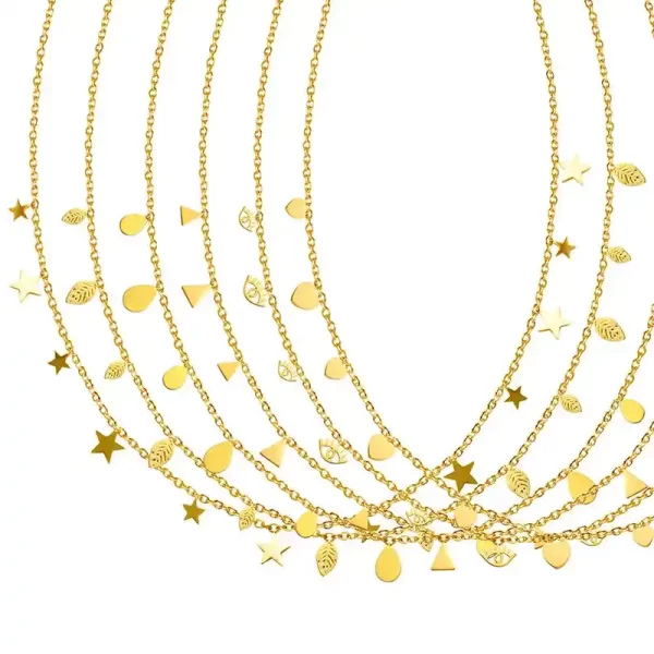 Showing necklace, gold color, different shapes