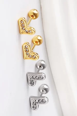 Heart-shaped earrings, gold and titanium color, embedded diamonds