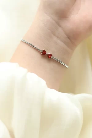 Love Double Heart Cubic Zircon Chain Red Hand, shown on a woman's wrist