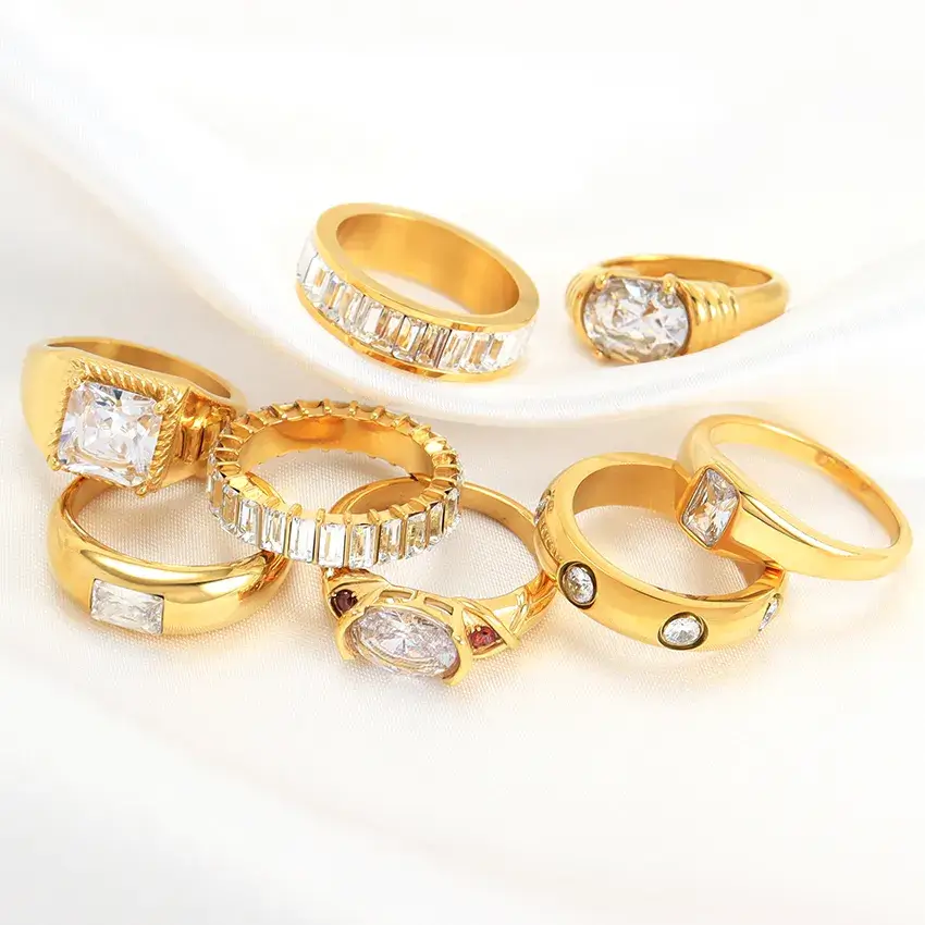 Various Clear Cubic Zircon Baguette Rings, gold color